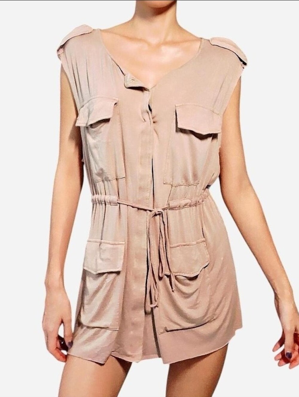 POL Tan Cotton Dress with Pockets and Tie Waist Cargo Style Lightweight Small